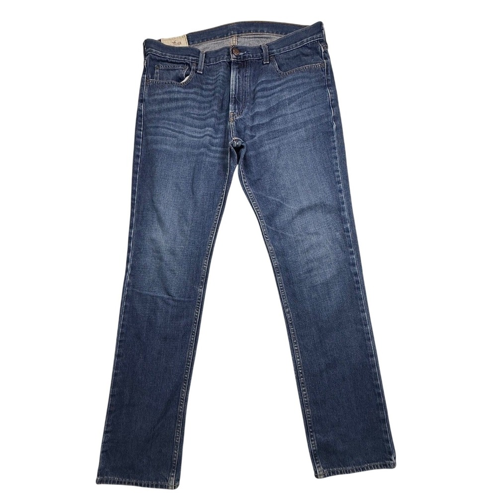 Hollister Mens Straight Leg Jeans Blue Medium Wash 36x34 Distressed Hem-2638